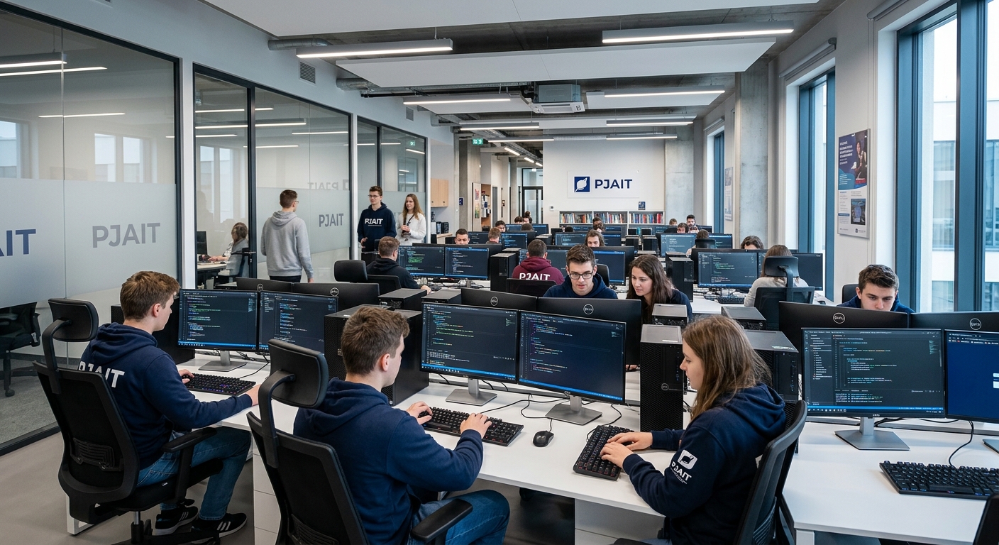 PJAIT modern computer science laboratory with rows of high-end workstations, students coding on dual monitors, bright LED lighting, contemporary interior design with glass partitions