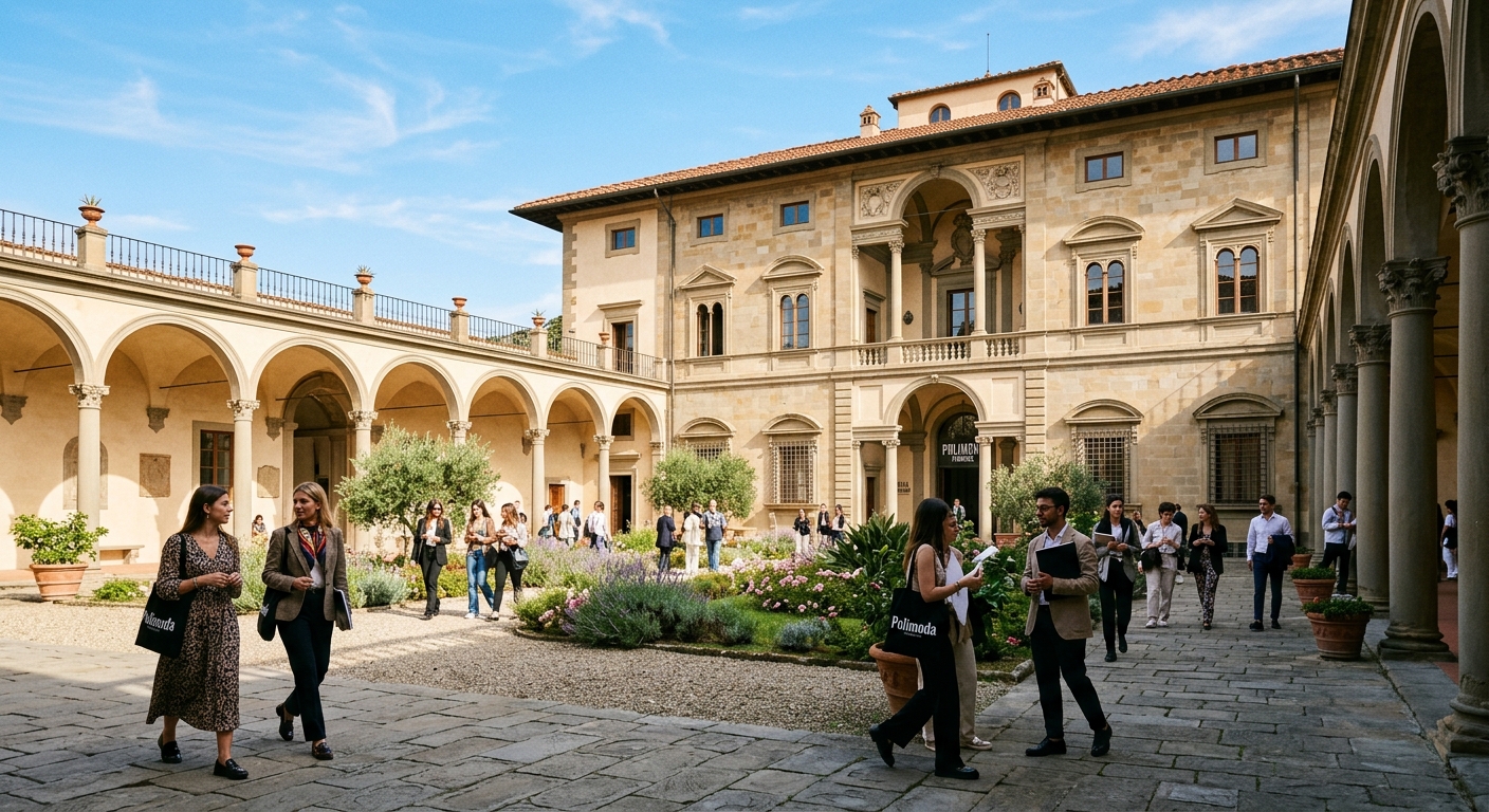 Polimoda fashion school campus at Villa Favard in Florence Italy, elegant historic building with fashion students walking through courtyard, Italian Renaissance architecture, sunny day with blue sky