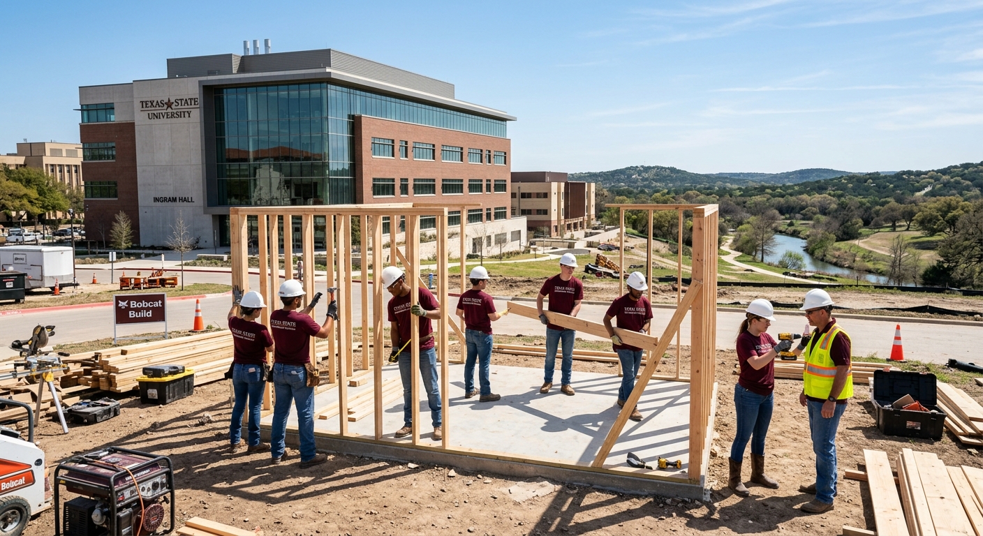 Texas State University campus in San Marcos with modern engineering technology building, construction students working on a hands-on building project outdoors, Texas Hill Country landscape in background with clear blue sky