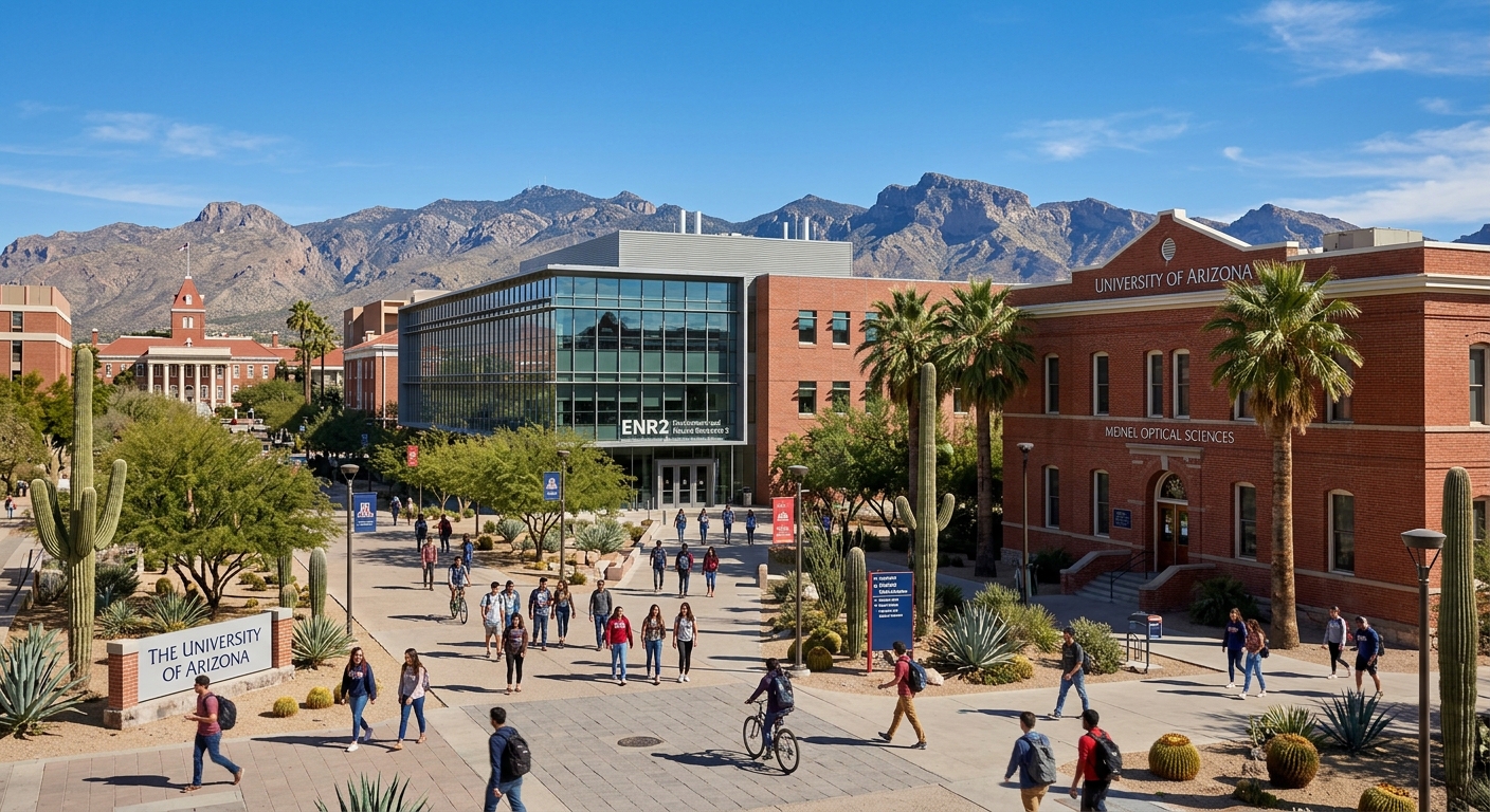 University of Arizona campus in Tucson with red brick buildings, desert landscape, students walking between modern technology labs, clear blue sky with mountain ranges in the background