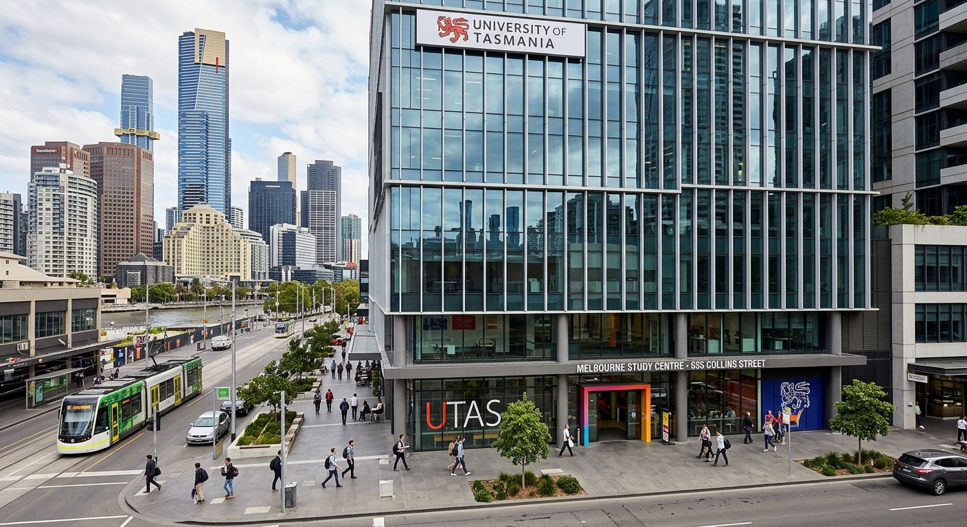 University of Tasmania Melbourne Study Centre, modern commercial building at 655 Collins Street Docklands, Melbourne CBD skyline in background, contemporary glass facade, urban campus setting with pedestrians