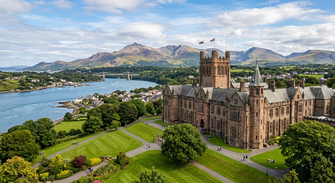 Bangor University historic main building with green lawns and the mountains of Snowdonia in the background, North Wales coastal setting with blue sky and Menai Strait visible