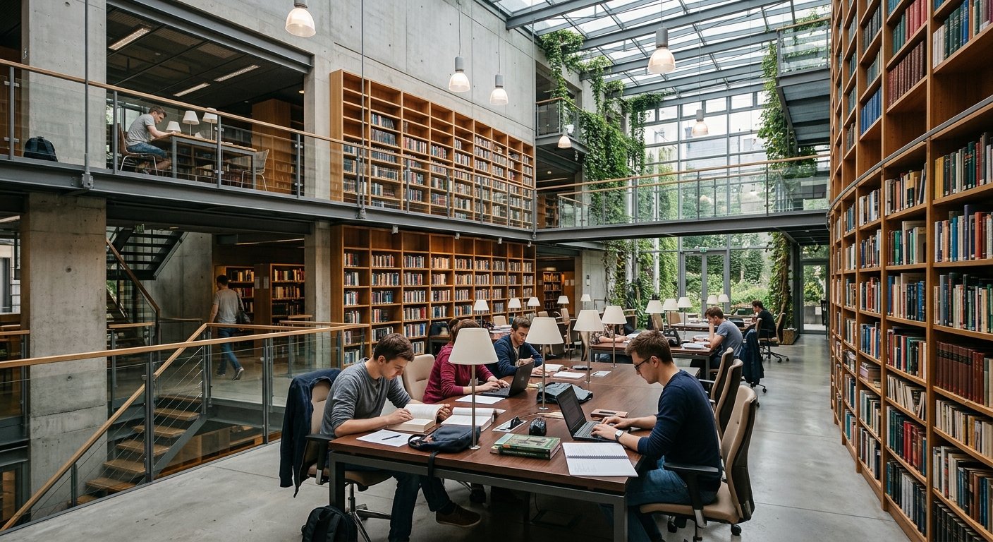 ATA Warsaw university library interior, bookshelves, study desks, students reading, modern lighting, quiet academic atmosphere