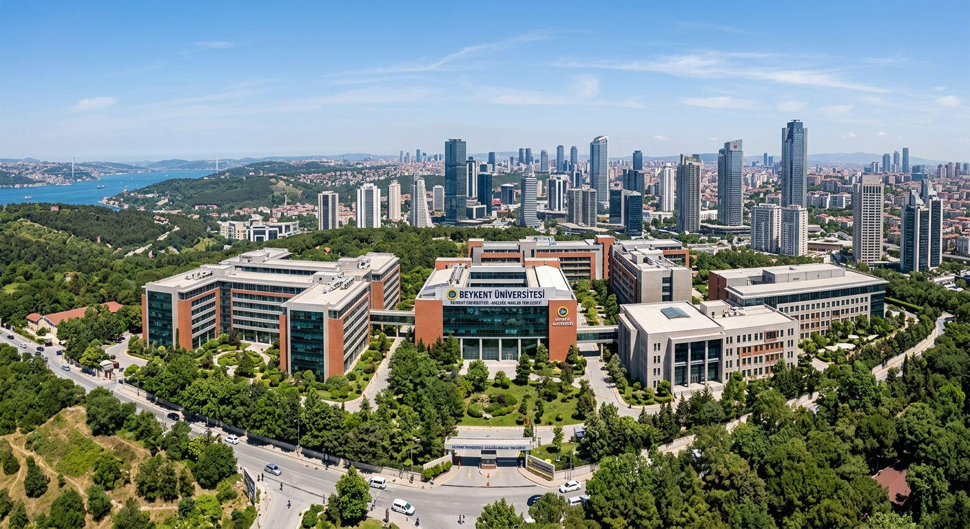 Beykent University Ayazaga Maslak campus wide shot in Sariyer Istanbul, modern multi-story academic buildings surrounded by green trees, Istanbul skyline in the background, clear blue sky