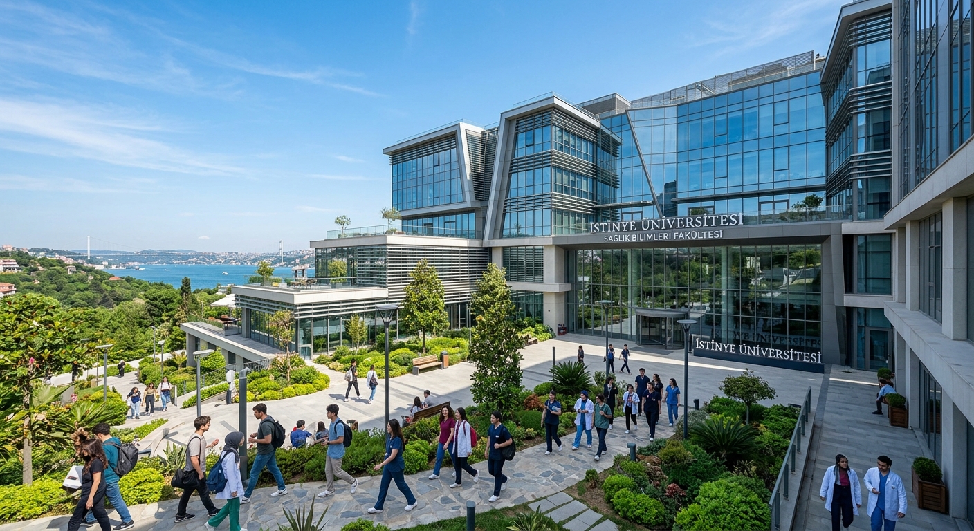 Modern Istinye University campus building in Istanbul Turkey with health sciences faculty, students walking through landscaped courtyard, contemporary glass and steel architecture, clear blue sky