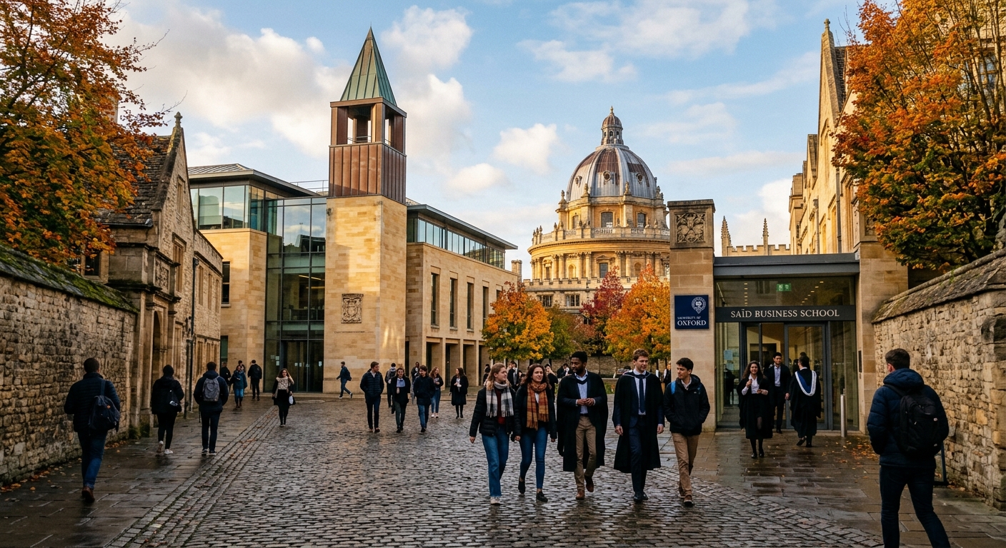 Historic University of Oxford Saïd Business School exterior with Radcliffe Camera dome visible in background, autumn sunlight, students walking through cobblestone courtyard, Gothic and modern architecture blended together