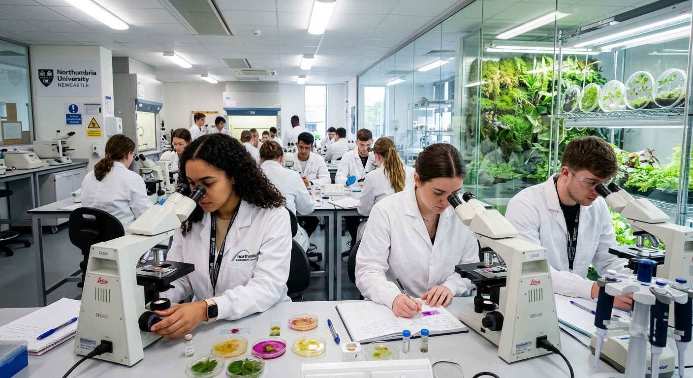 Modern biology laboratory at Northumbria University Newcastle, students in white lab coats examining specimens under microscopes, bright fluorescent lighting, glass-walled research space with green plant specimens visible