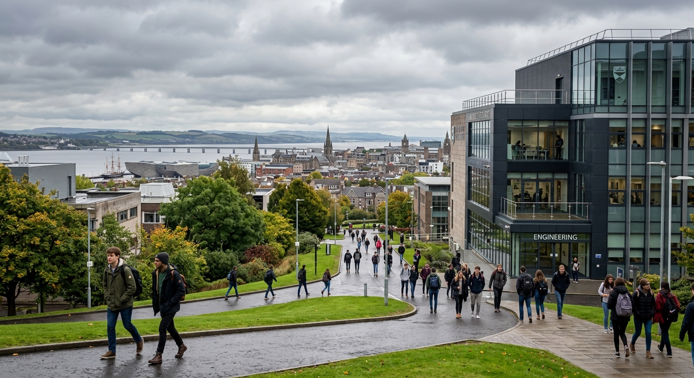 University of Dundee campus with modern engineering building, Dundee city skyline, River Tay in background, students walking on campus pathways, overcast Scottish sky