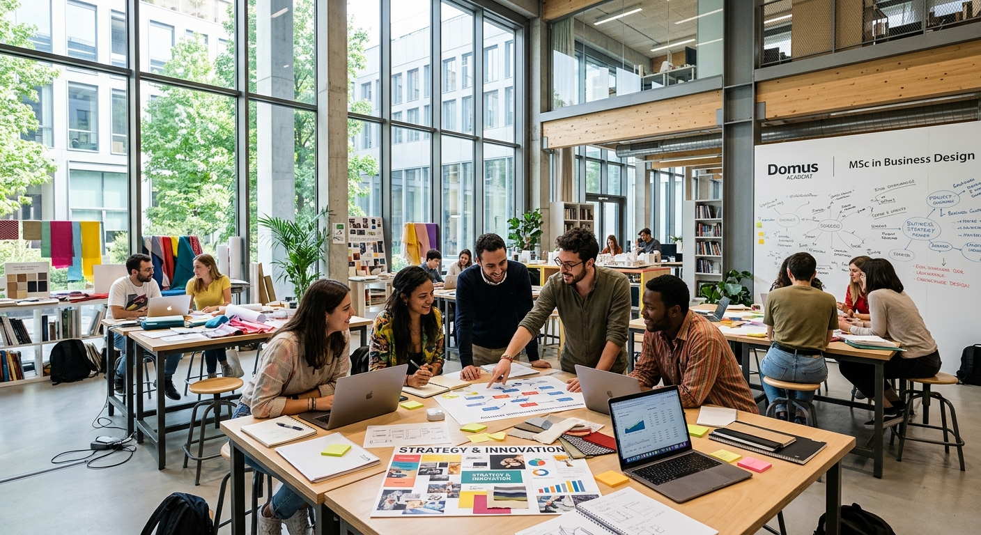 Modern Domus Academy campus in Milan Italy, contemporary design studio with open workspaces, students collaborating on business strategy projects, large windows with natural light, mood boards and design materials visible