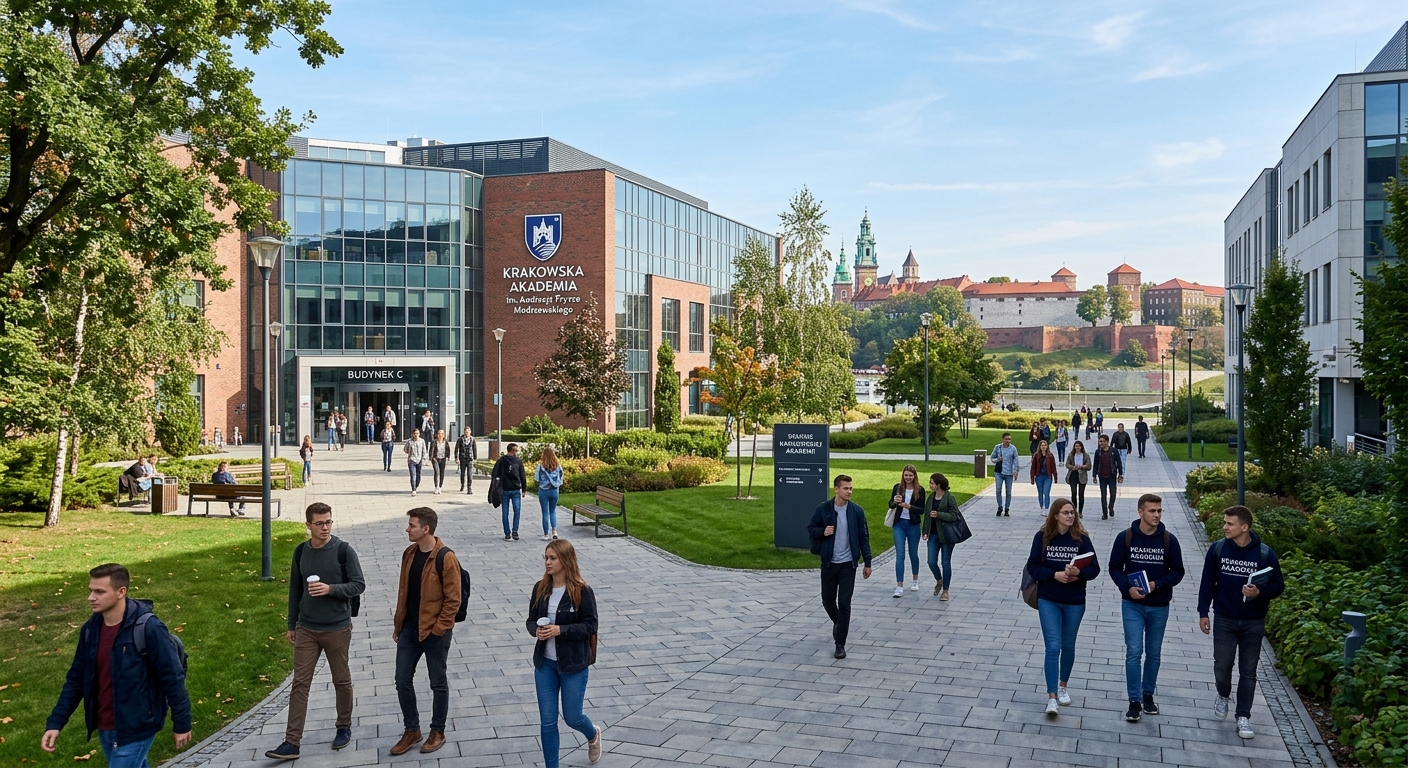 Modern university campus building of Andrzej Frycz Modrzewski Krakow University with students walking along pathways, green trees, and the historic Krakow cityscape visible in the background under a clear blue sky