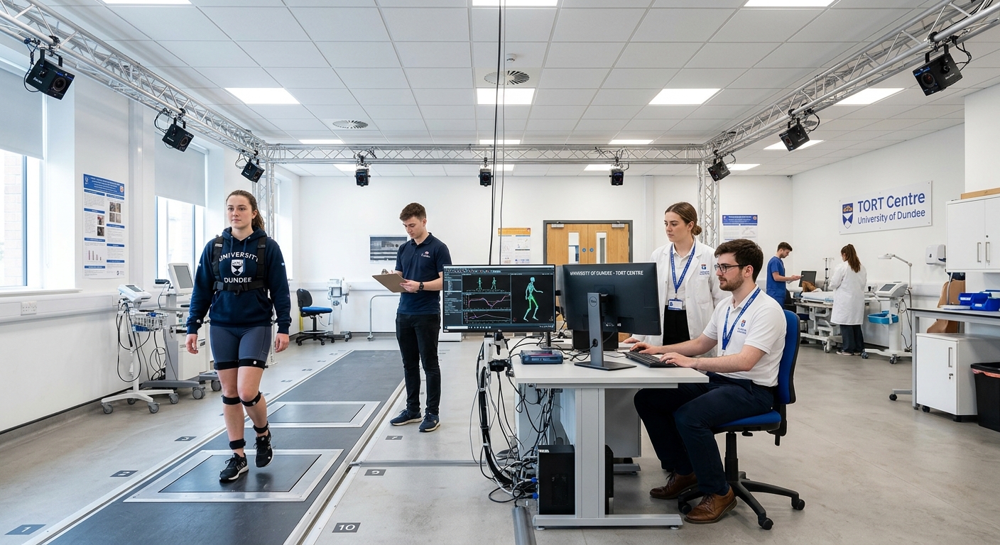 Modern biomechanics laboratory at University of Dundee TORT Centre with motion analysis equipment, gait analysis sensors, and medical students conducting orthopaedic research, bright clinical setting