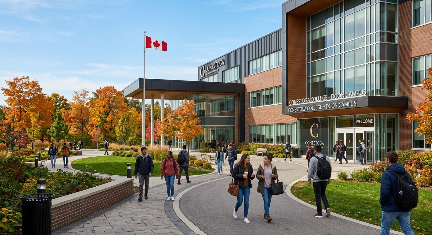 Modern college campus building at Conestoga College in Kitchener Ontario, students walking along pathways with green landscaping, Canadian flag visible, bright autumn day with clear skies