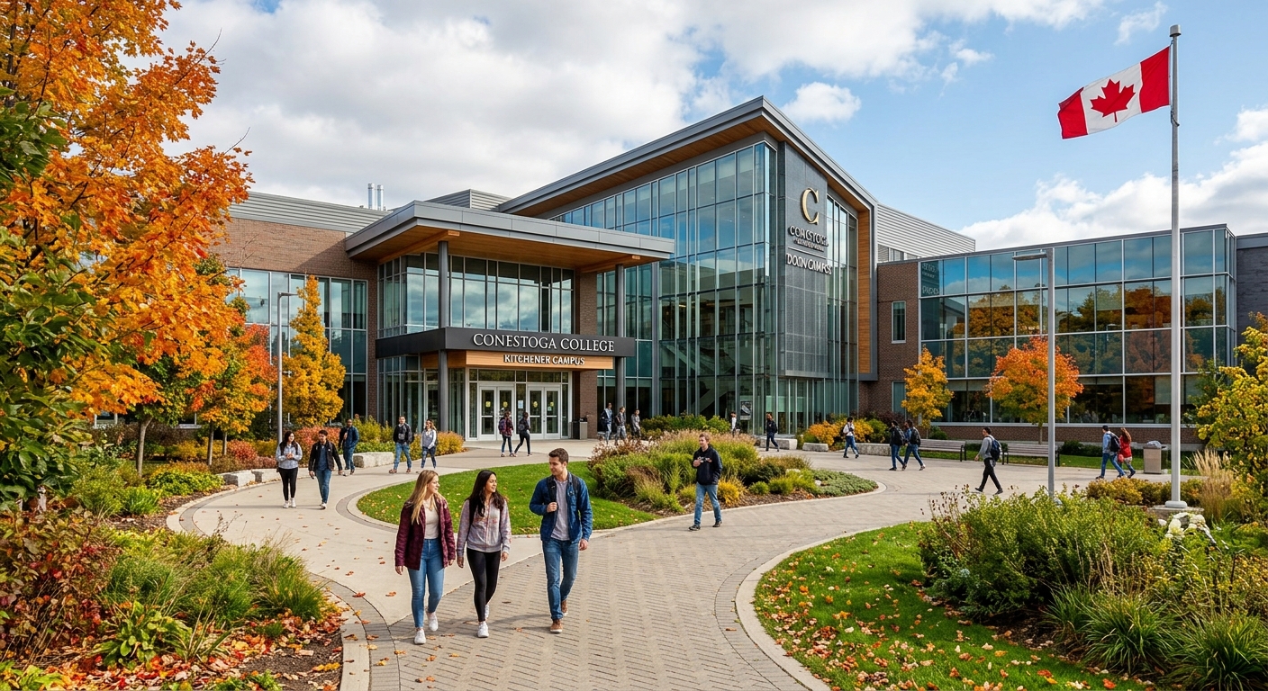 Modern Conestoga College campus building in Kitchener Ontario with students walking along pathways, green landscaping, contemporary architecture with glass facades, Canadian flag visible, bright autumn day