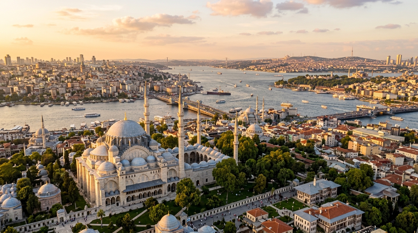 Istanbul skyline panorama from Fatih district, Süleymaniye Mosque in foreground, Bosphorus strait in background, historic peninsula with domes and minarets, golden hour lighting