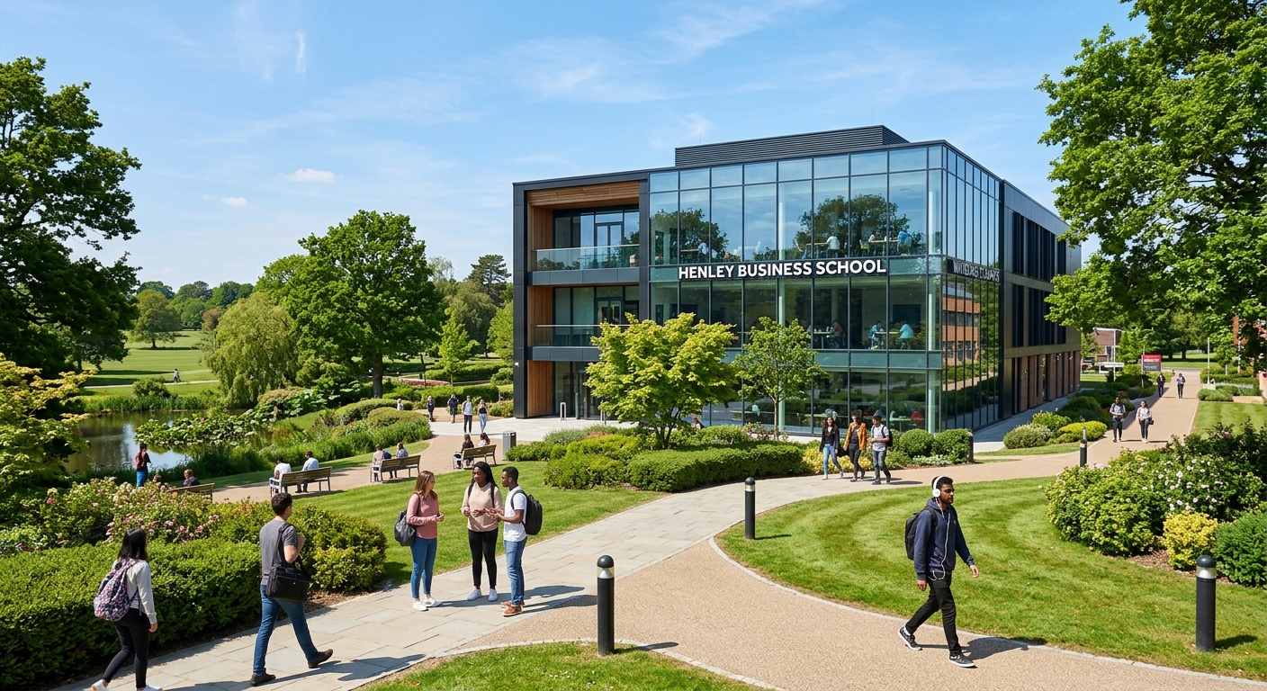 Henley Business School Whiteknights campus, modern purpose-built business school building with glass facade, students walking on pathways through green parkland, sunny day