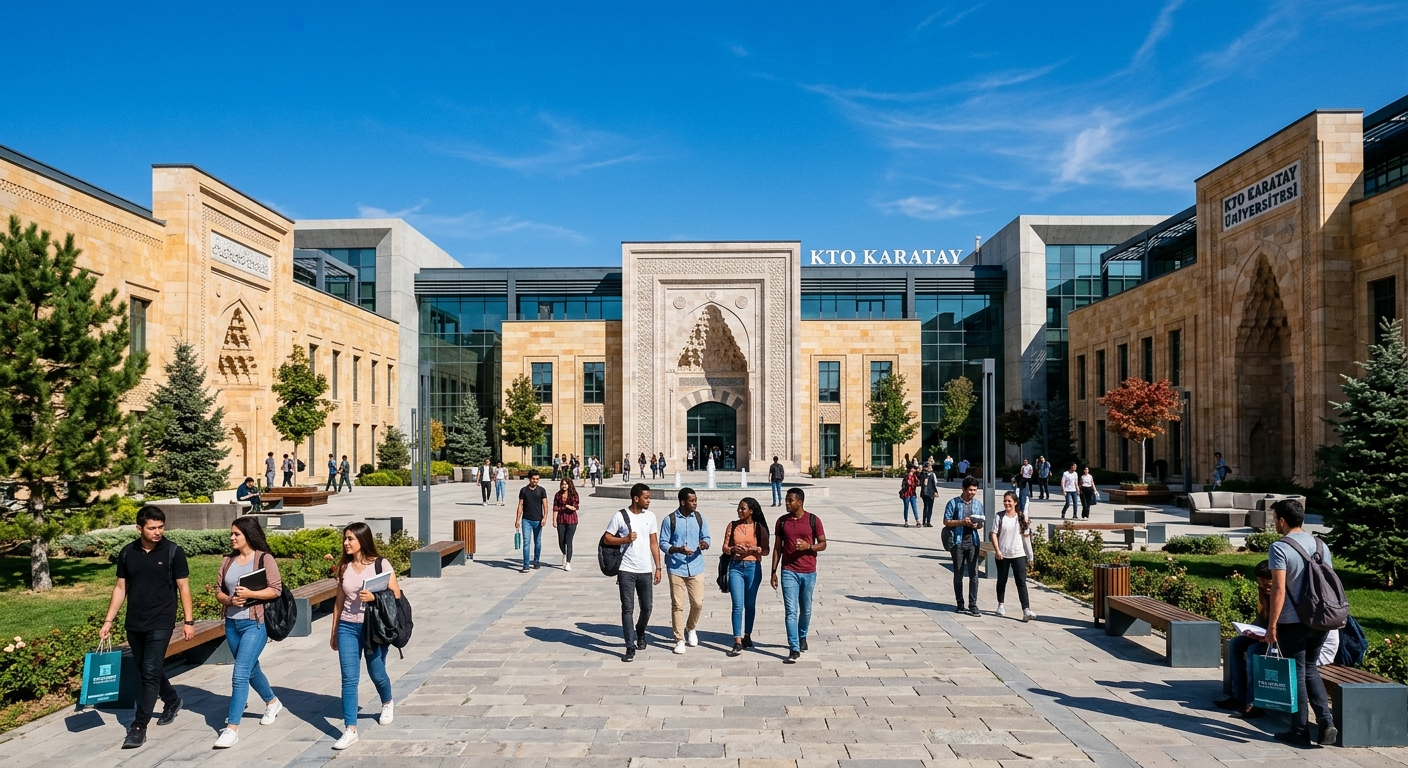 Modern KTO Karatay University campus building in Konya Turkey with students walking through courtyard, historic Seljuk-inspired architecture blended with contemporary design, clear blue sky