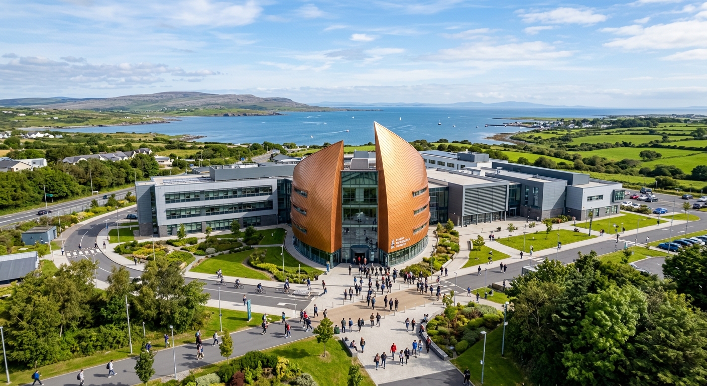 Atlantic Technological University Galway City Dublin Road campus wide shot, distinctive sail-shaped copper panels on main building, overlooking Galway Bay, green Irish landscape, modern university buildings with students walking on pathways