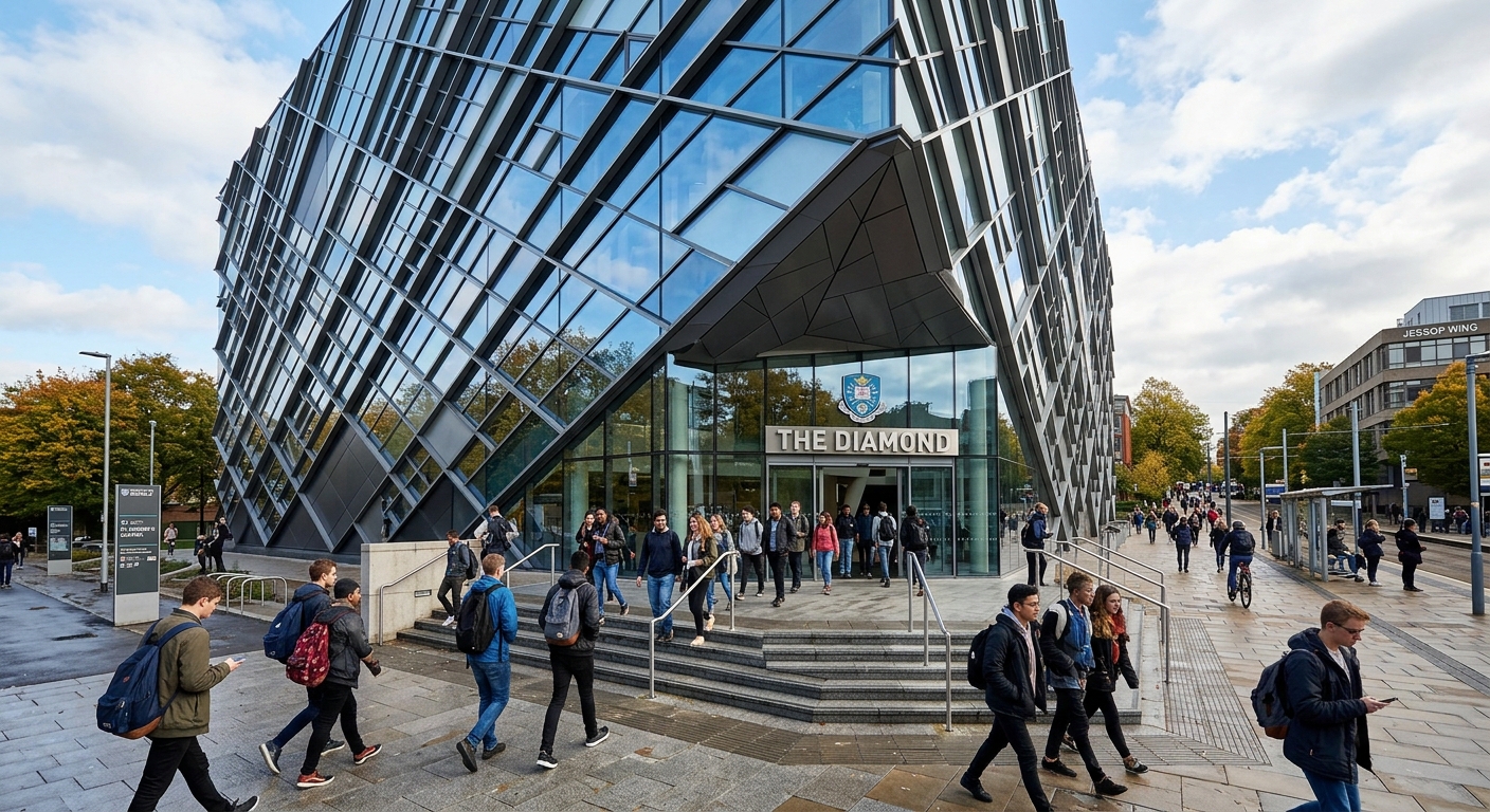 The Diamond building at the University of Sheffield, a modern angular glass and steel structure with geometric facade, students entering through the main entrance