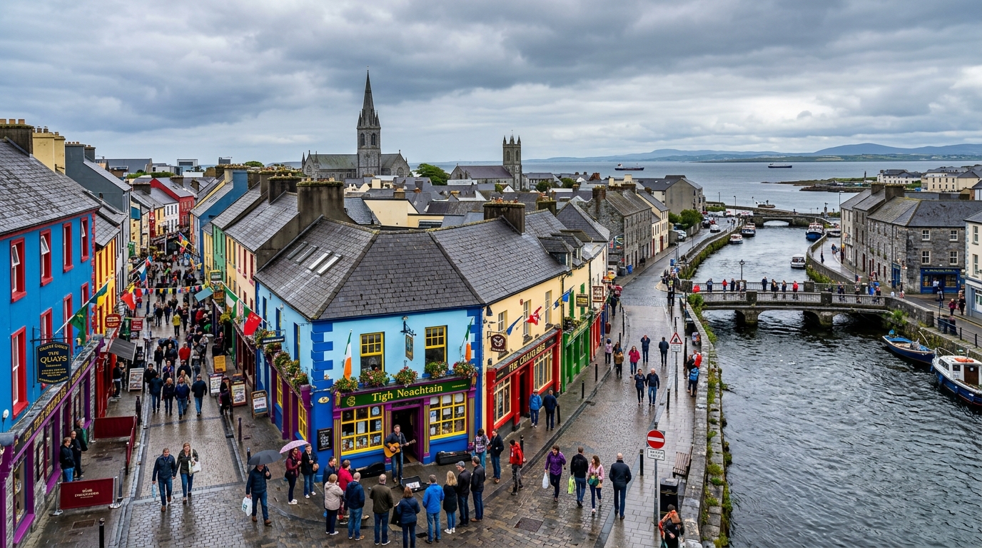 Galway City panoramic view, colorful shopfronts along the Latin Quarter, Corrib River flowing through the city, Galway Bay in the background, lively street scene with buskers and pedestrians, overcast Irish sky