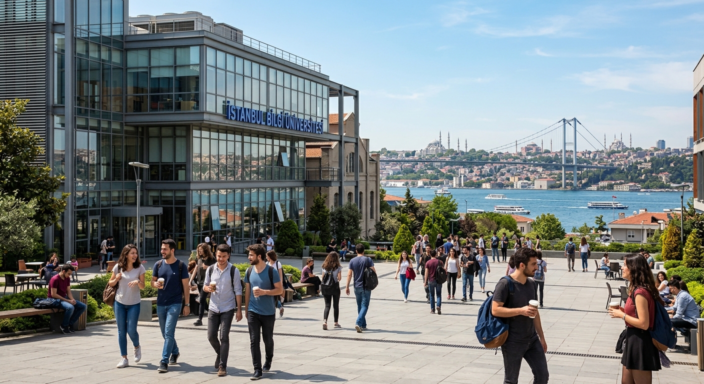 Modern Istanbul Bilgi University campus building with glass facade, students walking across a sunny courtyard, Istanbul skyline with minarets and Bosphorus bridge visible in the background