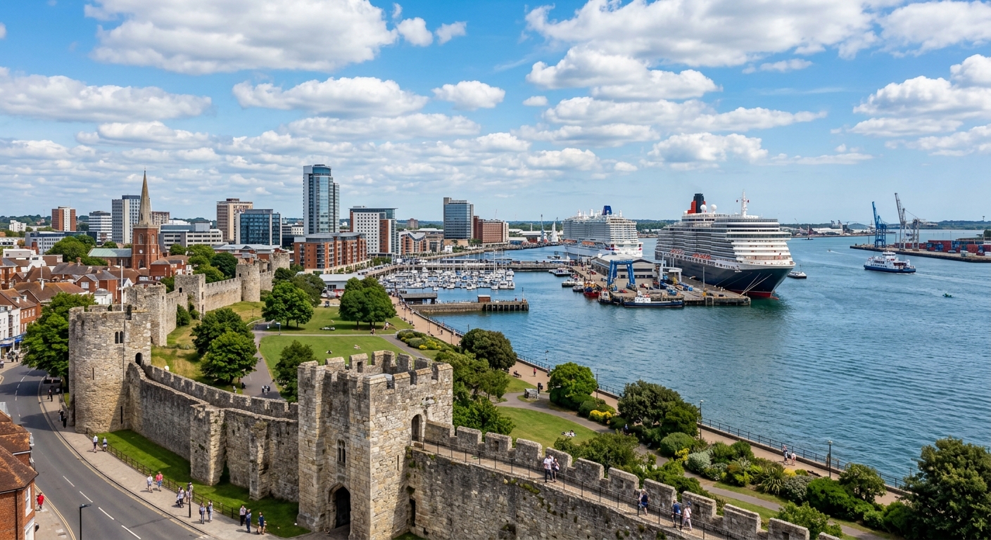 Southampton city skyline and waterfront, cruise ships docked at the port, medieval city walls in foreground, modern buildings and green parks, blue sky with scattered clouds