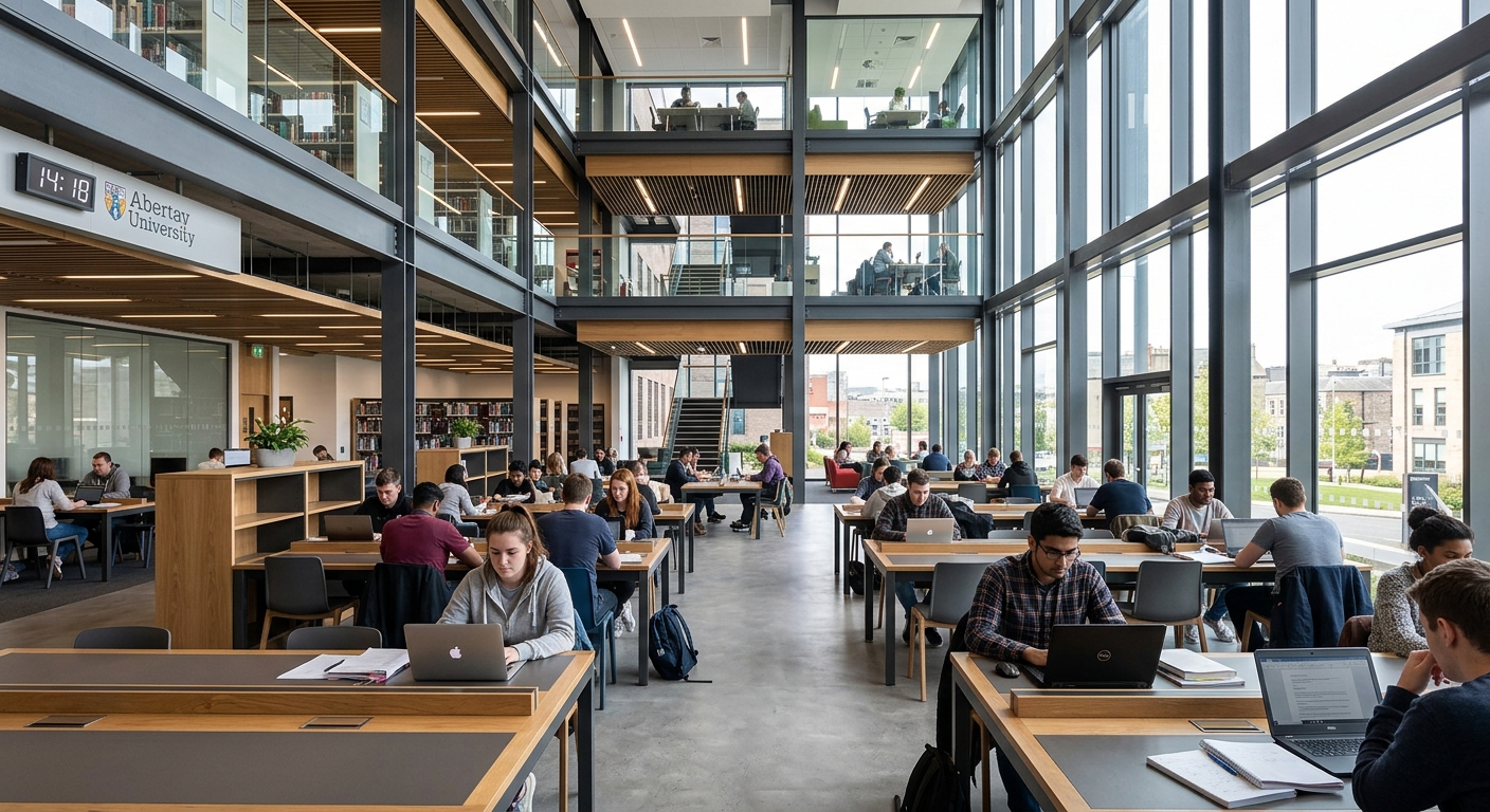 Bernard King Library at Abertay University, modern four-storey open plan study space, students working at desks, natural light streaming through large windows, contemporary interior design