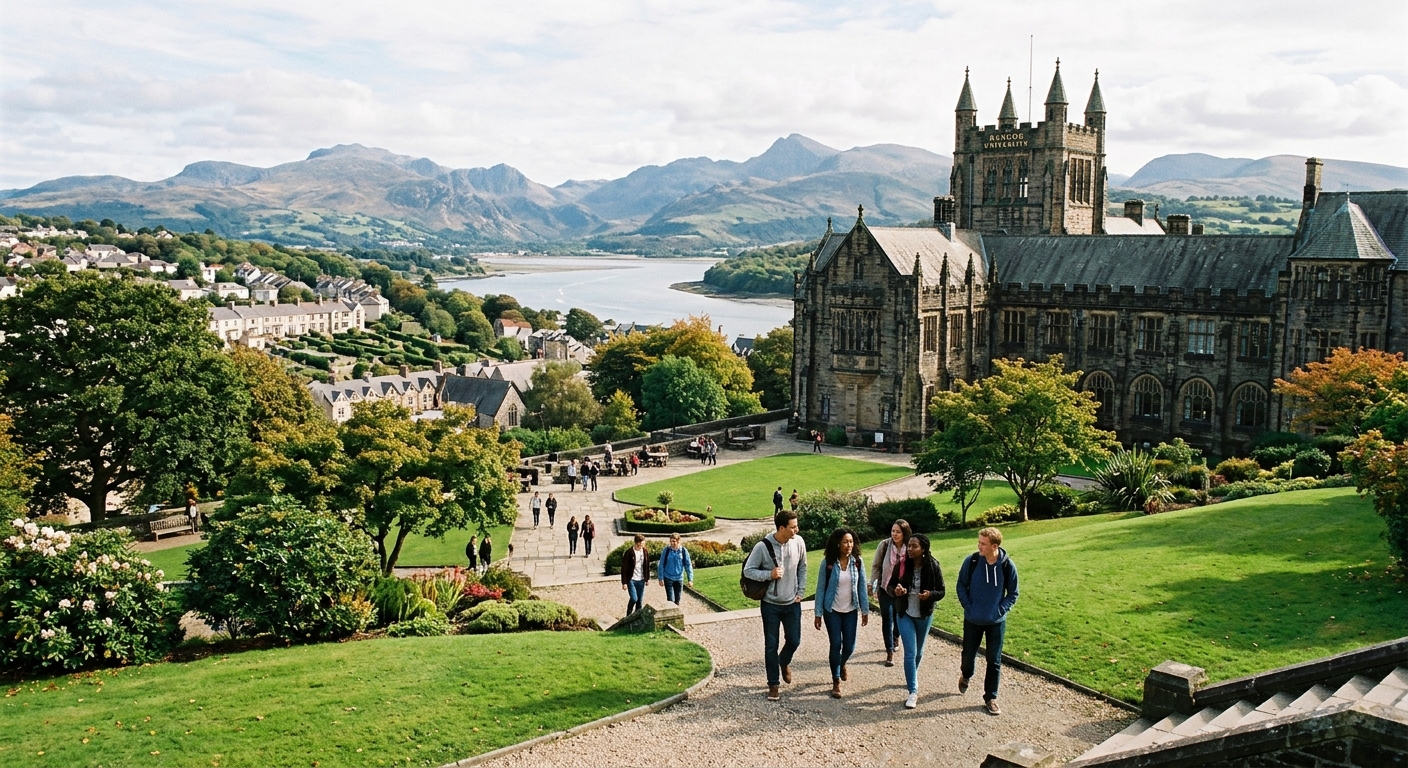 Bangor University campus with historic stone buildings set against the dramatic backdrop of Snowdonia mountains and the Menai Strait in North Wales, students walking through green courtyards