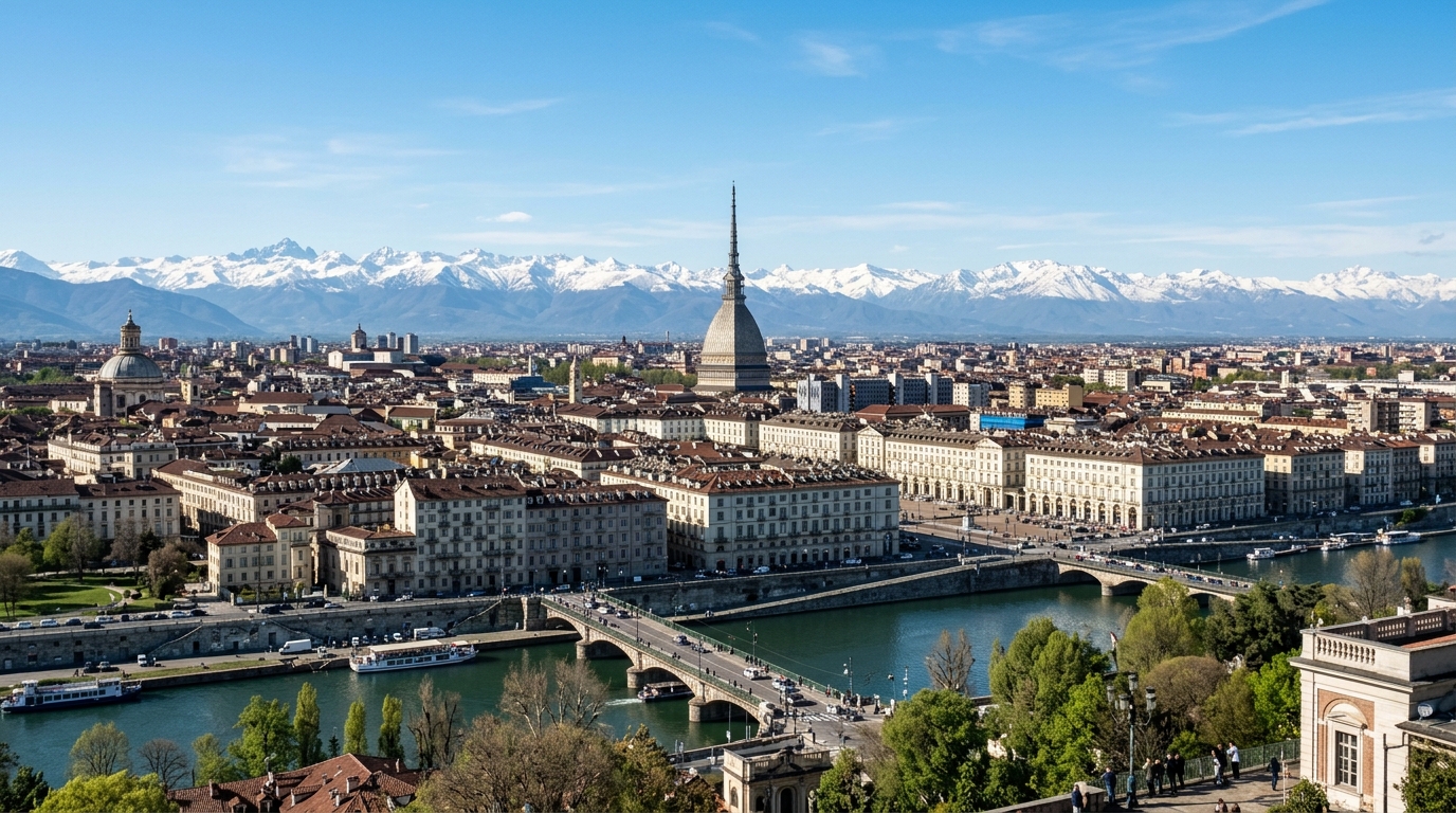 Turin cityscape panorama, Mole Antonelliana tower, snow-capped Alps in background, River Po flowing through the city, Baroque architecture, clear sky