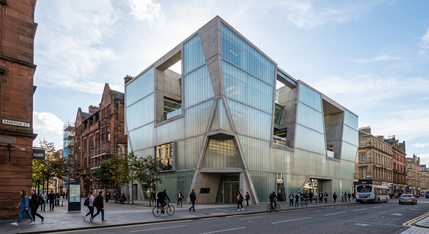 The Reid Building at Glasgow School of Art, modern translucent glass and concrete facade designed by Steven Holl Architects, daytime view from Renfrew Street