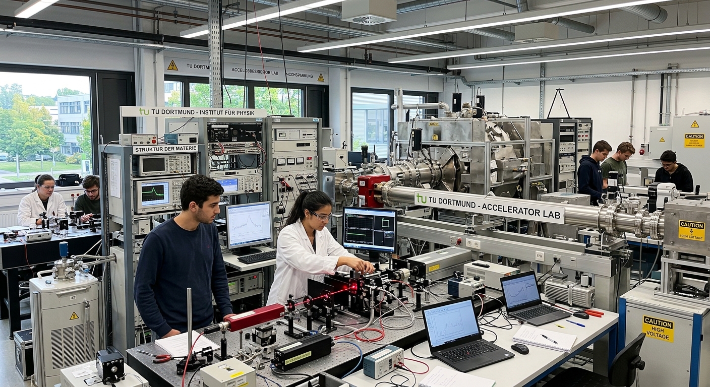 Modern physics laboratory at TU Dortmund University with students conducting experiments, particle accelerator equipment visible, bright overhead lighting and scientific instruments on workbenches, Dortmund Germany campus setting