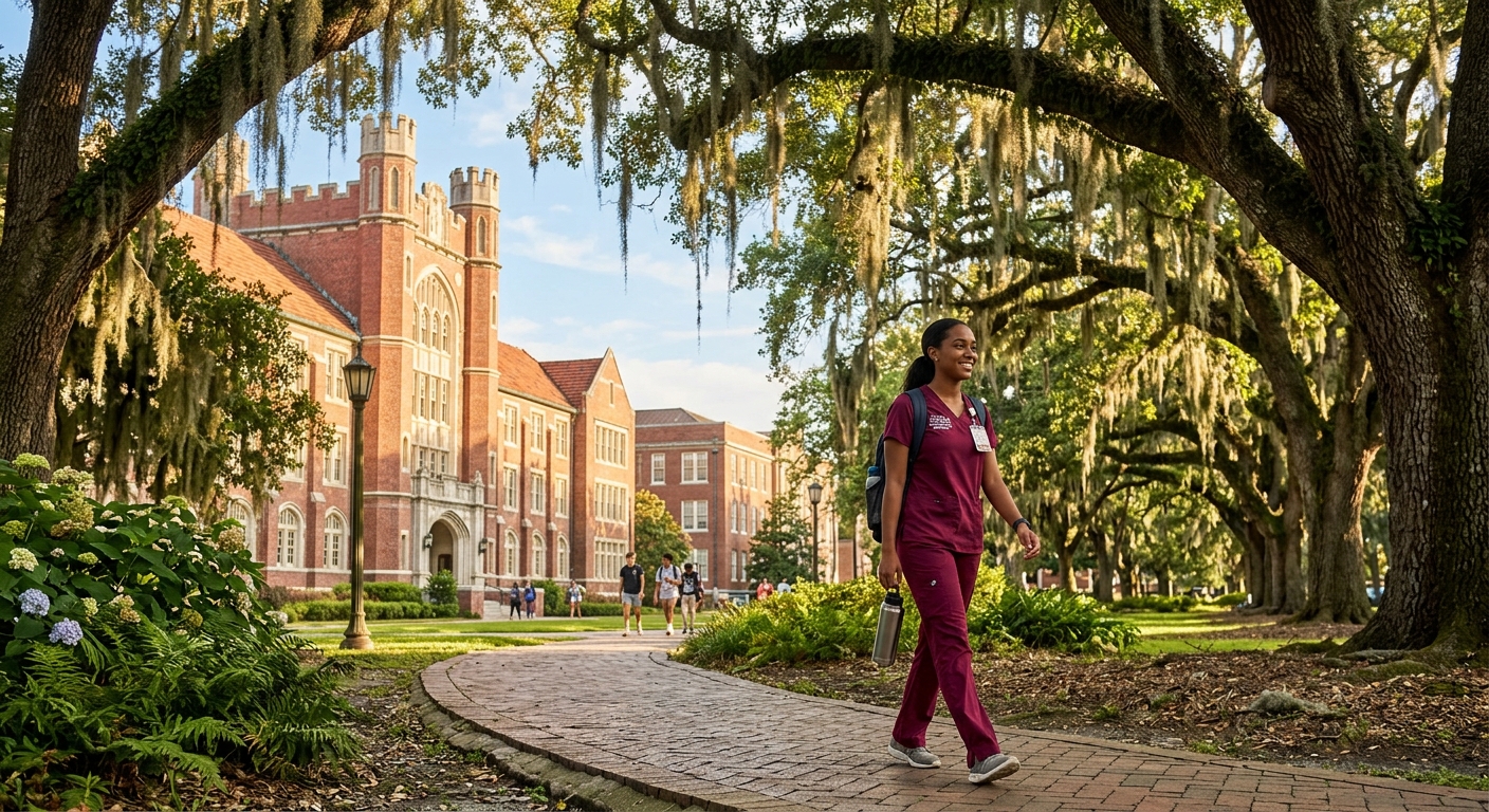 Loyola University New Orleans campus with historic oak trees and red brick buildings, nursing student in clinical scrubs walking along tree-lined pathway, warm Louisiana sunlight filtering through Spanish moss