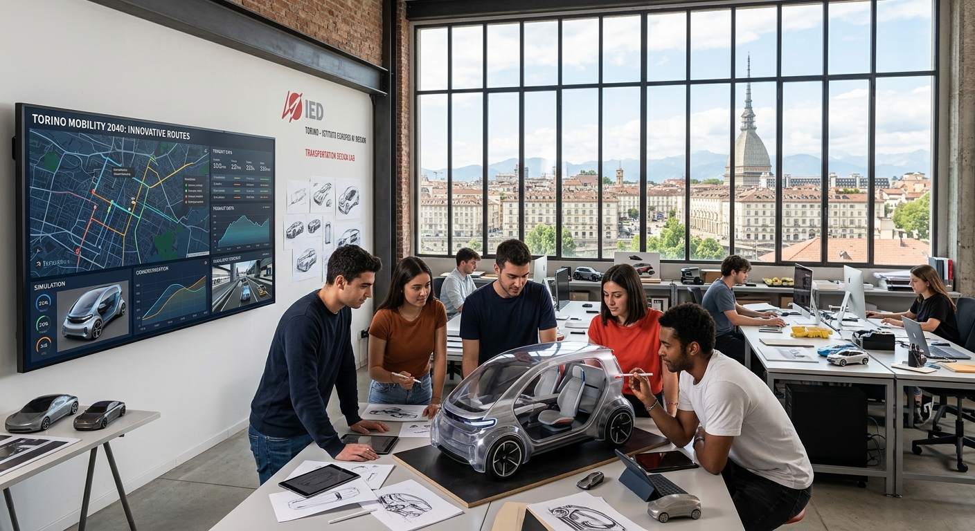Modern design studio at IED Torino campus with students collaborating around futuristic mobility concept models, large screens displaying urban transportation systems, natural light streaming through industrial-style windows, Turin cityscape visible in the background