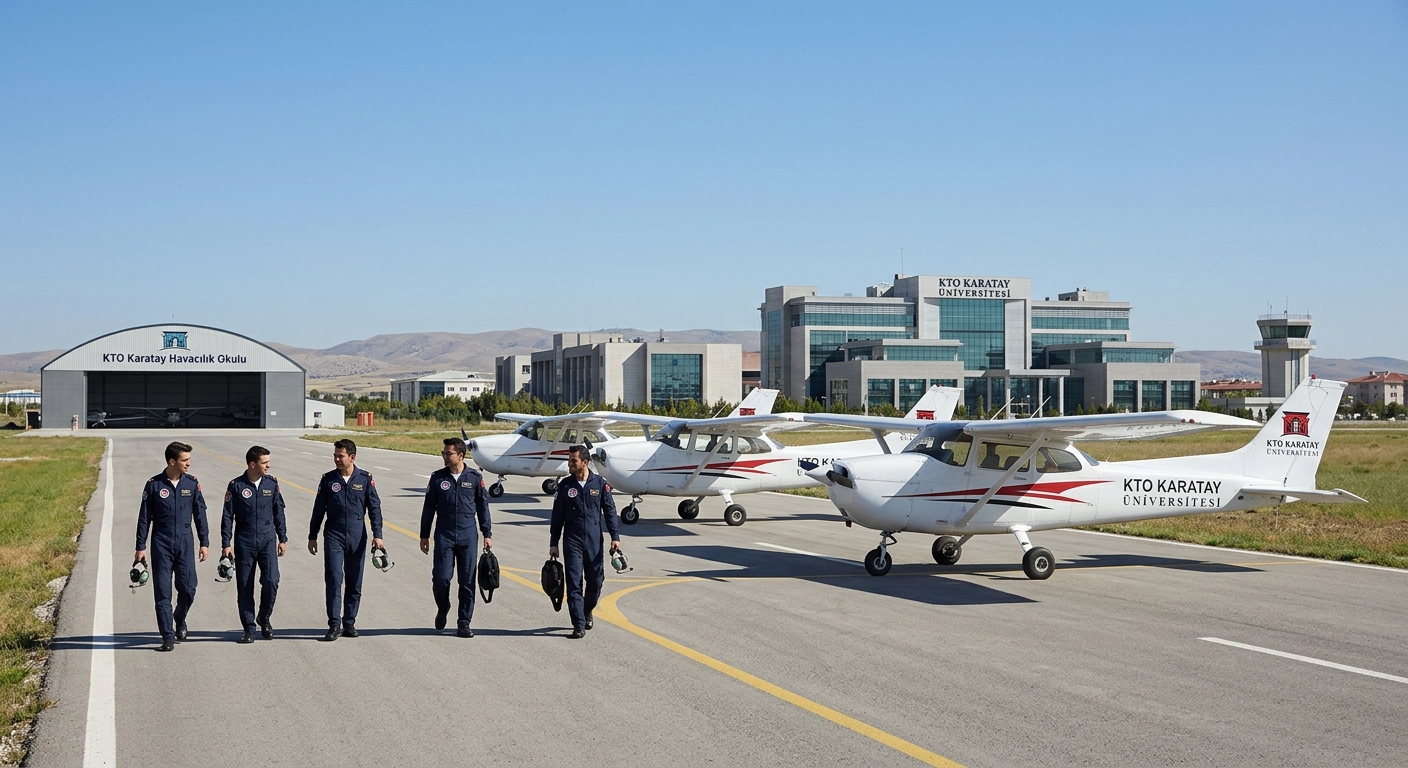 KTO Karatay University campus in Konya, Turkey with training aircraft on runway, clear blue skies, modern university buildings in background, student pilots walking toward single-engine training planes