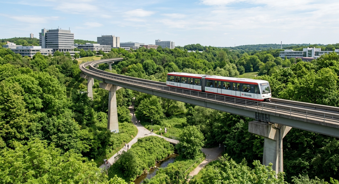 TU Dortmund H-Bahn suspended monorail crossing between North and South campuses over green nature reserve, modern transportation system
