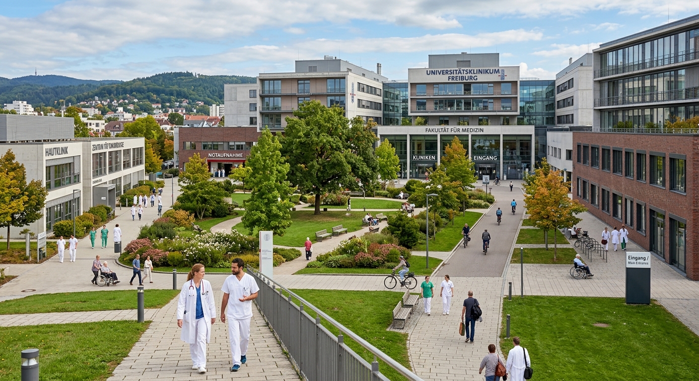 University Medical Center Freiburg, large modern hospital complex with multiple buildings, green courtyard, medical staff and visitors