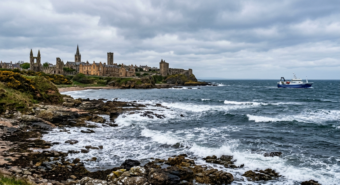 Scenic coastal view of St Andrews, Scotland with the University of St Andrews historic stone buildings in the background, rugged Scottish coastline with waves, marine research vessel in the distance, overcast sky typical of Scotland