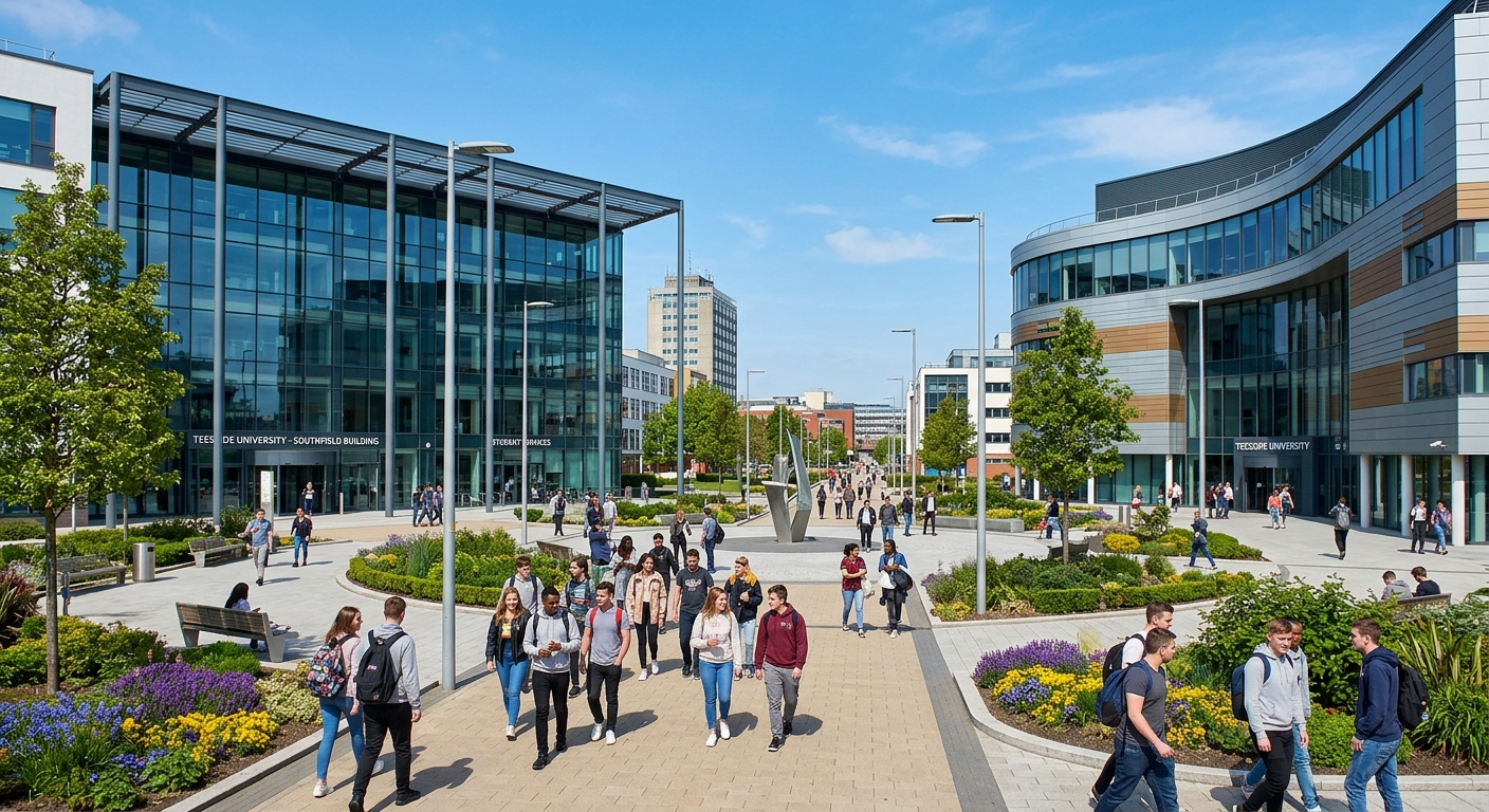 Modern Teesside University campus in Middlesbrough, North East England, with contemporary glass and steel buildings, students walking across a landscaped courtyard, clear sky overhead