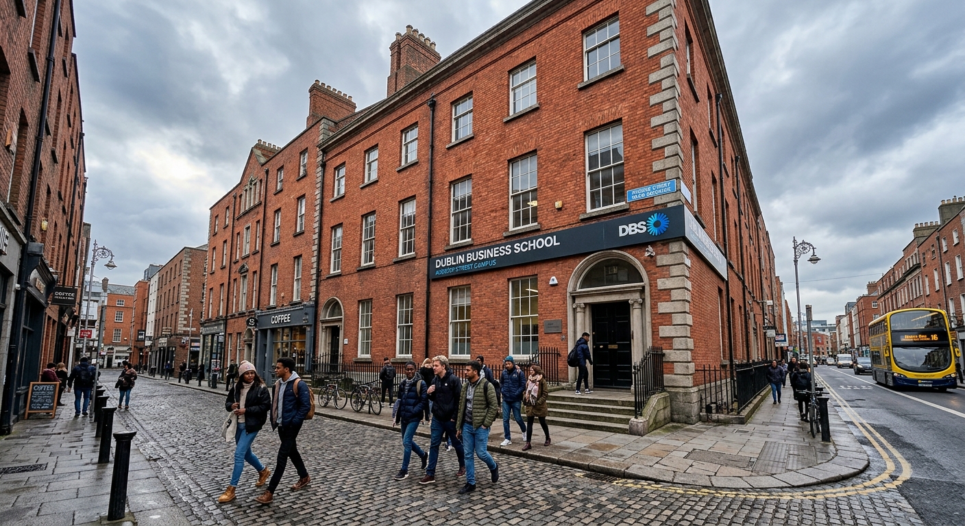 Dublin Business School Aungier Street campus exterior, Georgian red-brick building in Dublin city centre, students walking on cobblestone streets, overcast Irish sky, modern signage