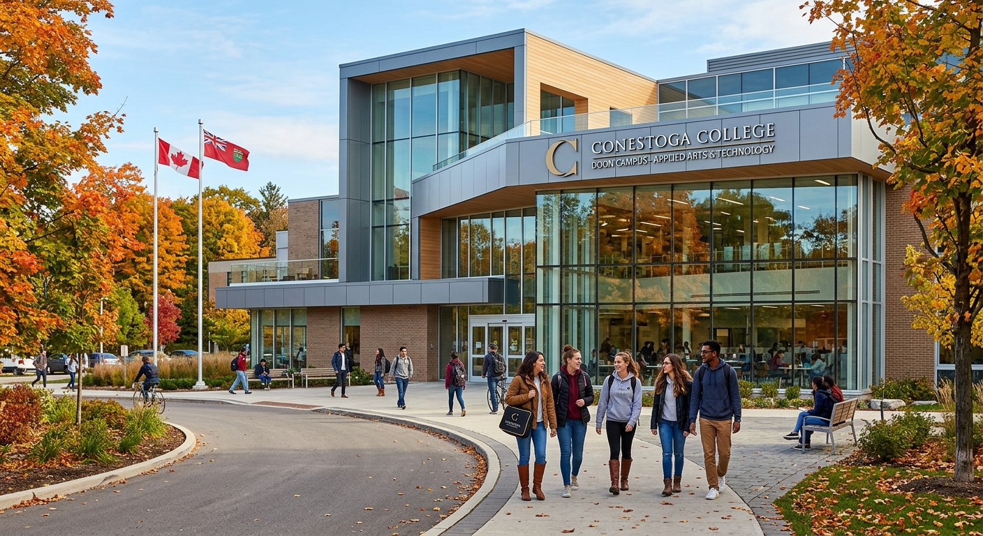 Modern Conestoga College campus building in Kitchener Ontario with students walking along tree-lined pathways, contemporary architecture with glass facades, Canadian flag visible, autumn foliage in background