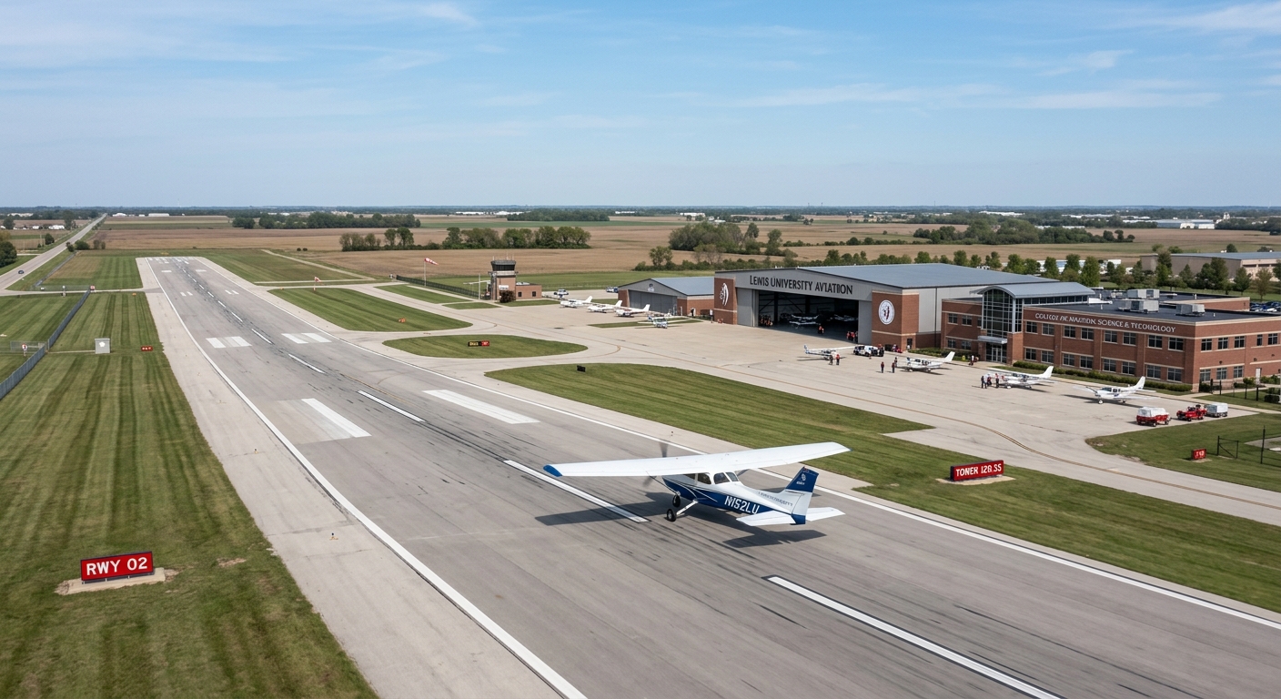 Lewis University Airport with small aircraft on runway, aviation training facility in background, flat Illinois landscape, clear day