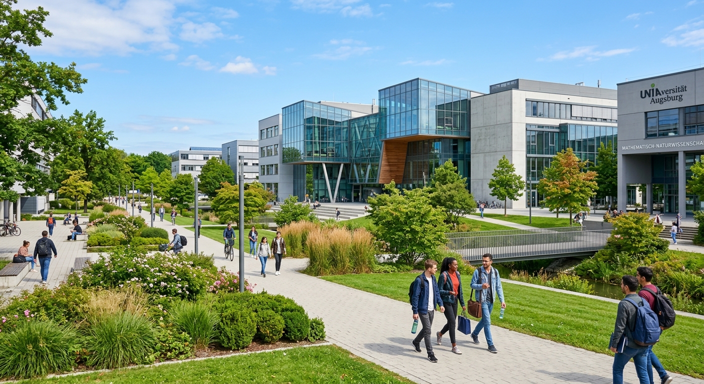 Modern university campus of University of Augsburg in Bavaria, Germany, with contemporary science and engineering buildings surrounded by green landscaped grounds, students walking between lecture halls under clear blue sky
