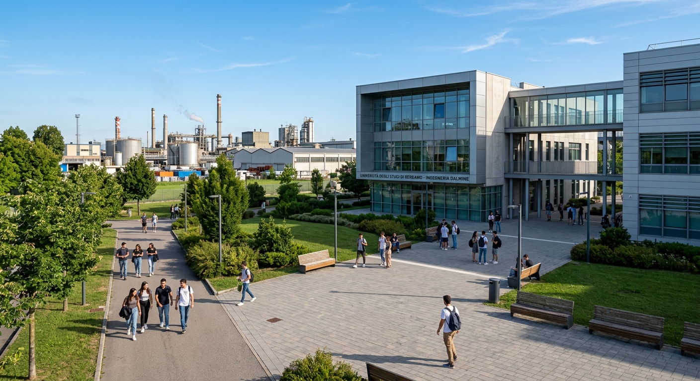 Modern engineering campus building at Dalmine with students walking outside, University of Bergamo Engineering Campus, industrial area backdrop with green landscaping, clear Italian sky