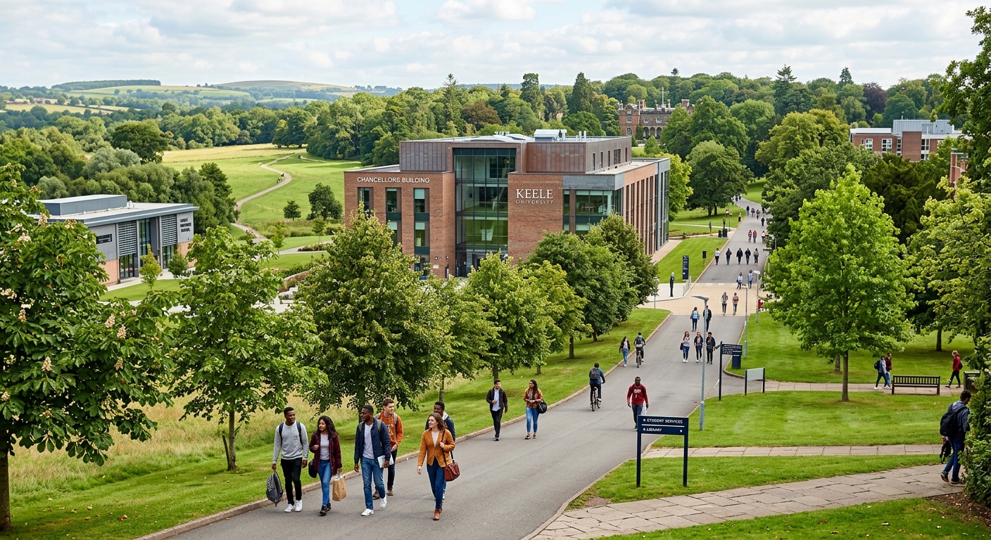 Keele University green campus with modern academic buildings surrounded by parkland, students walking along tree-lined pathways in Staffordshire, England