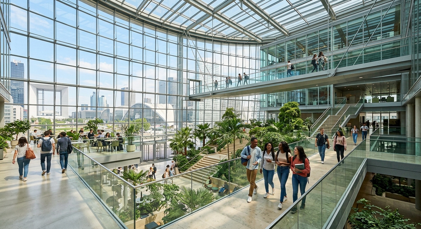 Modern glass-facade campus building at La Defense business district in Paris, France, with international students walking through a sunlit atrium, contemporary architecture and greenery visible