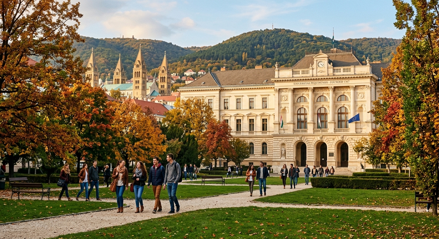 University of Pécs historic campus building with neoclassical architecture, green courtyard, students walking under autumn trees, Pécs cityscape with Mecsek Hills in the background, warm sunlight