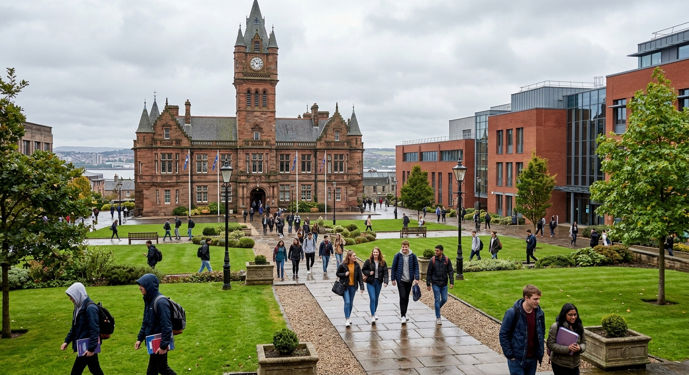 University of Dundee Tower Building and campus courtyard with students walking, Scottish architecture, green lawns and modern academic buildings in Dundee city centre, overcast sky typical of Scotland