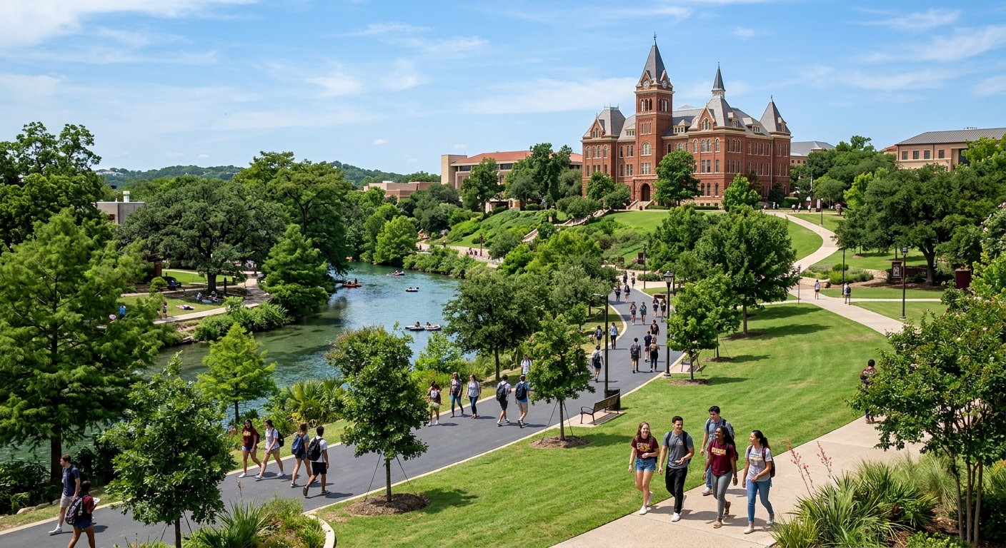 Texas State University campus in San Marcos with the iconic Old Main building, lush green lawns along the San Marcos River, students walking on tree-lined pathways under a bright Texas sky