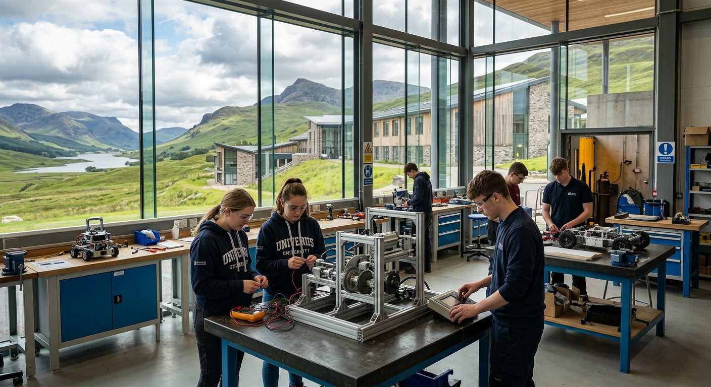 Scottish Highlands landscape with modern university campus buildings, engineering students working on mechanical prototypes in a bright workshop, rolling green hills and dramatic sky in the background