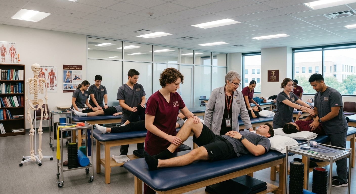 Modern physical therapy clinical lab at Texas State University Round Rock Campus, students practicing rehabilitation techniques on treatment tables, bright clinical lighting, anatomical models visible, professional healthcare education setting