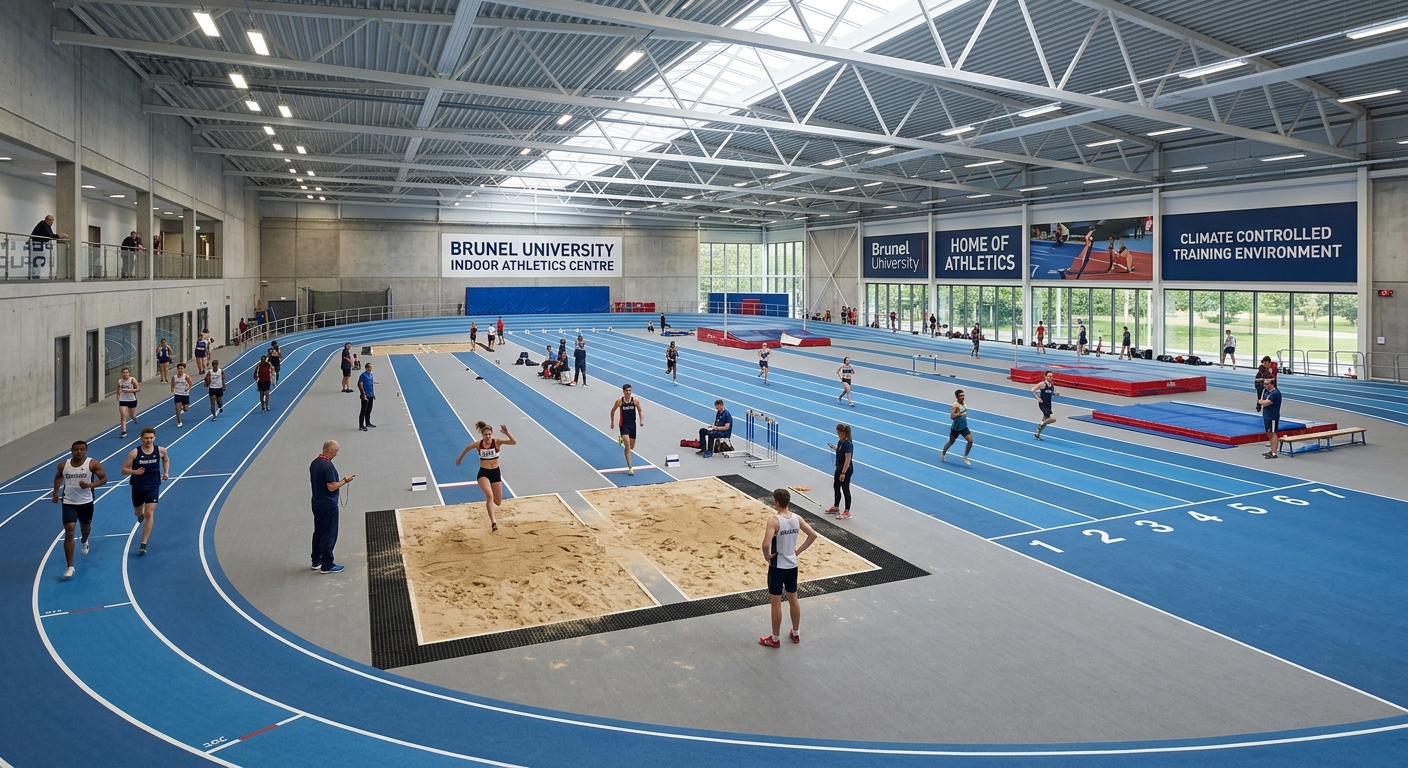 Brunel University indoor athletics centre with running track, jumping pits, and climate-controlled training environment